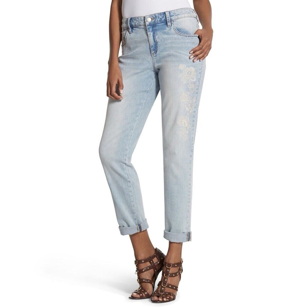 Chicos Size 0 US‎ S 4 Jeans Ankle Floral Detail Light Wash Slim Leg Mid Rise
